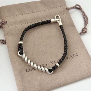 David Yurman Sterling Silver .925 Cable Id Leather Men's Bracelet Medium